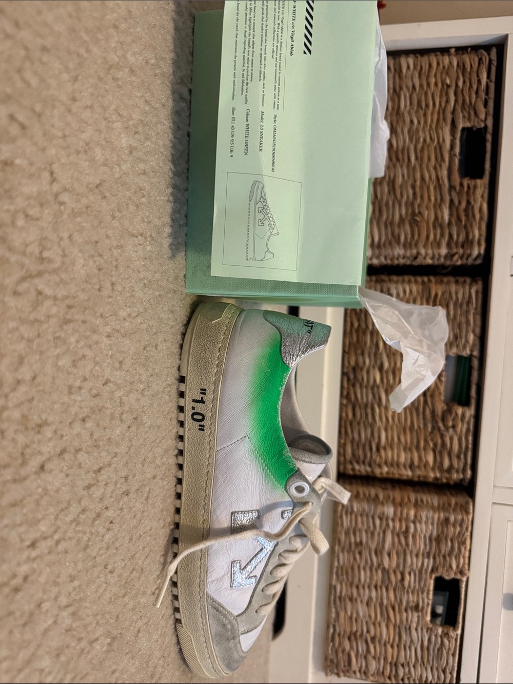 Off-White Mens White Sneaker with Green spray painted faded Accent